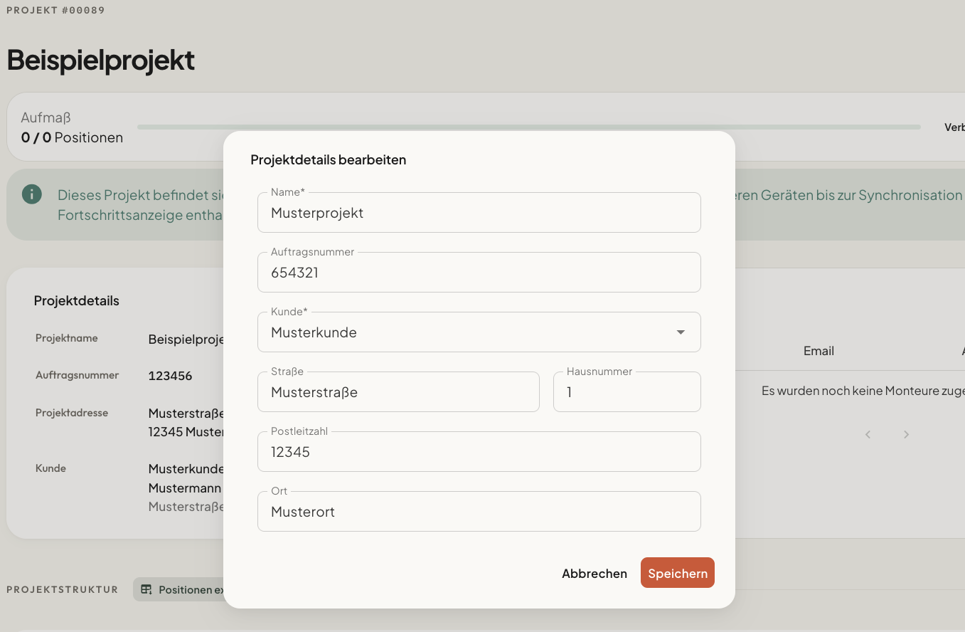 Projektinformationen eingeben und speichern