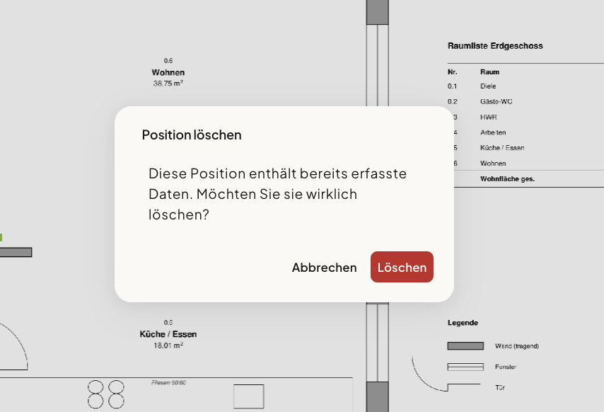 Warnhinweise beim Löschen einer bereits konfigurierten Position
