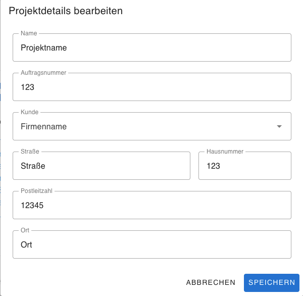 Projektinformationen eingeben und speichern