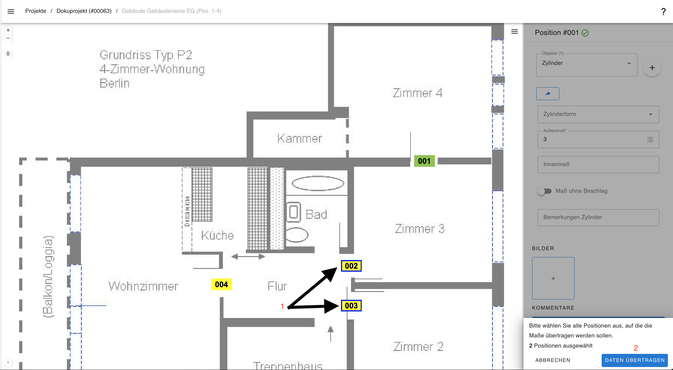 Positionen auswählen zum Maße übertragen